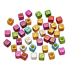 Chapado de abalorios de acrílico, cubo con letra inicial, color mezclado, letras mezcladas al azar, 6x6x6mm, agujero: 3.5 mm, 1600 unidades / 250 g