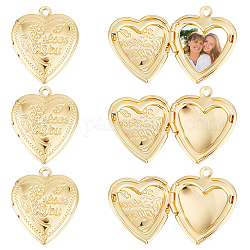Beebeecraft 10 Stück Messing-Medaillonanhänger, Fotorahmen Anhänger / charms für Halsketten, langlebig plattiert, Herz mit Blume und Wort „Love You“-Anhänger, echtes 18k vergoldet, 22.5x19.5x5.5 mm, Bohrung: 1.8 mm