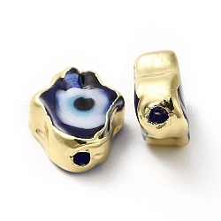 Main mal de perles au chalumeau des yeux, avec bord en laiton plaqué or, Plaqué longue durée, Hamsa main, bleu minuit, 15~17x11.5~12.5x5~5.5mm, Trou: 1.8mm