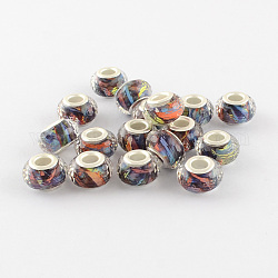 Large Hole Printed Acrylic European Beads, with Silver Tone Brass Double Cores, Faceted Rondelle, Marine Blue, 14x9mm, Hole: 5mm