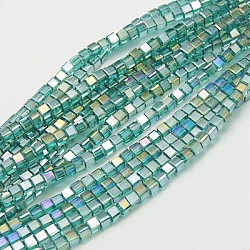FilI di perline in vetro placcato, ab colore placcato, sfaccettato, cubo, turchese, 4x4x4mm, Foro: 1 mm