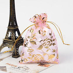 Sacs en organza imprimés rose, sacs-cadeaux, rectangle, perle rose, 12x10 cm