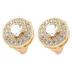 Brass with Cubic Zirconia Hoop Earrings, Flat Round, Light Gold, 13x11.5x1.7mm