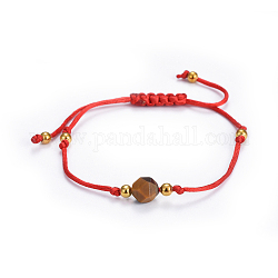 Nylon regolabile bracciali intrecciati cavo di perline, braccialetti con cordino rosso, con ottone e perle di occhio di tigre naturali, rosso, 1-5/8 pollice ~ 3 pollici (4~7.5 cm)