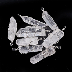 Naturquarz Kristall Anhänger, mit Messingbefund platiniert, Nuggets, 32~38x10~13x7~11 mm, Bohrung: 1~3 mm