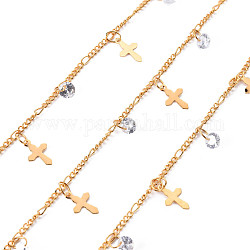 Handmade Brass Curb Chains, with Cubic Zirconia charms, Soldered, Spool, Cross, Real 18K Gold Plated, 3.3x1.5x0.3mm and 2x1.4x0.3mm, about 16.4 Feet(5m)/roll