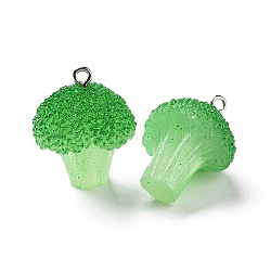 Colgantes vegetales de resina opaca, encantos de brócoli, con aros de hierro en tono platino, verde lima, 25.5x21x18mm, agujero: 2 mm