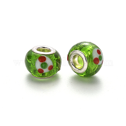 Perles européennes vernissées manuelles, perles de rondelle avec grand trou , en laiton de tonalité de platine noyaux doubles, lime green, 14~16x9~10mm, Trou: 5mm