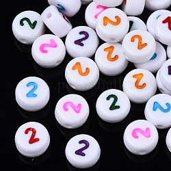 White Opaque Acrylic Beads, Flat Round with Mixed Color Number, Num.2, 7x3.5mm, Hole: 1.2mm, about 3800pcs/500g