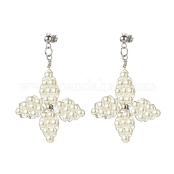 Aretes con estrella trenzada y perlas de vidrio, 304 joyería de alambre de acero inoxidable para mujer., Platino, 53~54mm, pin: 0.7 mm