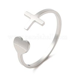 304 anello a polsino aperto in acciaio inossidabile, cuore e croce, colore acciaio inossidabile, misura degli stati uniti 8 1/2 (18.5mm)