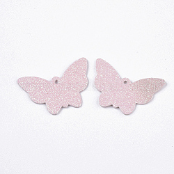 Ciondoli in pelle, con polvere glitterata su due lati, farfalla, roso, 32.5x48x1.5~2mm, Foro: 2.5 mm