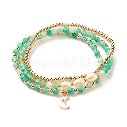 3 Uds. Conjunto de pulseras elásticas con cuentas de perlas y ágata natural, pulseras de latón con dijes de luna para mujer, verde mar medio, diámetro interior: 2-1/8~2-1/4 pulgada (5.5~5.6 cm)