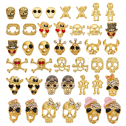 ARRICRAFT 42pcs 21 style Zinc Alloy Cabochons, with Rhinestone and Enamel, Nail Art Decoration Accessories, Halloween Theme, Skull, Mixed Color, 6~15x5~11.5x1.5~5.5mm, 2pcs/style