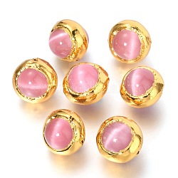 Katzenaugen-Perlen, mit goldfarbenem Messingrand, Runde, rosa, 18~20.5x18~20.5x17~20.5 mm, Bohrung: 1.2 mm