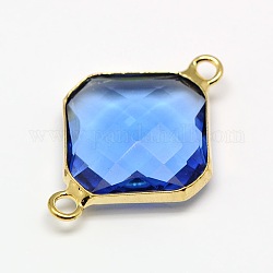 Golden Tone Brass Glass Rhombus Links Connectors, Faceted, Royal Blue, 24x17x4.5mm, Hole: 2mm