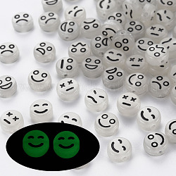 Perles acryliques lumineuses, trou horizontal, plat rond avec une expression noire, blanc, 7x3.5mm, Trou: 1.5mm, environ 3700 pcs/500 g