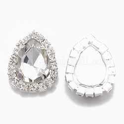 Acrílico diamante de imitación cabujones, con fornituras de rhinestone de latón, facetados, lágrima, color plateado, Claro, 25x19x6mm