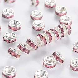 Séparateurs perles en laiton avec strass, couleur argentée, sans nickel, rose, 5x2.5mm, Trou: 1mm