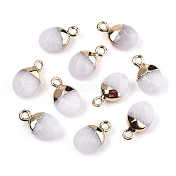 Natural White Jade Charms, Top Light Gold Plated, with Iron Loop, Oval, Faceted, Dyed & Heated, 14~15x8x5mm, Hole: 1.8mm