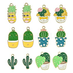 30pcs 6 styles de pendentifs en émail en alliage, or clair, culture de cactus/pot avec feuille/ananas, couleur mixte, 21~29x12.5~18x1.3mm, Trou: 2.2mm, 5 pièces / style
