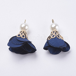 Nylon Pendant Decorations, with Iron Findings, and Acrylic Pearl Beads, Flower, Light Gold, Dark Blue, 30x27mm, Hole: 2mm