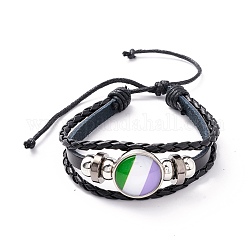 Bracelet multi-rangs cordon tressé cuir pu, plat rond avec des liens en alliage motif rayé et bracelet de perles pour hommes femmes, platine, verte, diamètre intérieur: 2-1/4~ 3-1/4 pouce (5.8~8.2 cm)