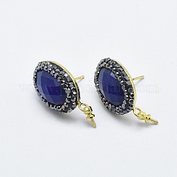 Accessoires de clous d'oreilles avec lapis lazuli naturel, avec strass en pâte polymère et les accessoires en laiton, ovale, or, 18 mm, broches: 0.7 mm