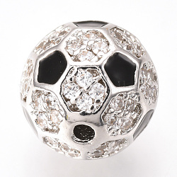Perles de zircone cubique micro pave en Laiton, avec l'émail, ballon de football / soccer, platine, 9.5~10mm, Trou: 1.5mm