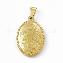 Vacuum Plating 304 Stainless Steel Pendants, Oval Charms with Cross, Religion, Golden, 27.5x18x4mm, Hole: 5.5x3.5mm