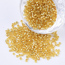 GlasZylinderförmigperlen, Perlen, Silber ausgekleidet, Rundloch, golden, 1.5~2x1~2 mm, Bohrung: 0.8 mm, ca. 8000 Stk. / Beutel, ca. 85~95 g / Beutel