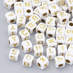 Chapado perlas de acrílico, metales enlaced, agujero horizontal, cubo con alfabeto, oro chapado, 4.5x4.5x4.5mm, agujero: 3 mm, aproximamente 500 unidades / 50 g