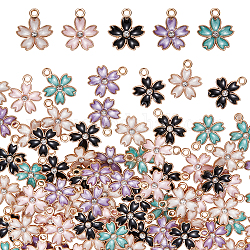 Sunnyclue 100pcs 5 pendentifs en émail en alliage de style, avec strass cristal, fleur de sakura, couleur mixte, 17x14x2.5~3mm, Trou: 1.6~1.8mm, 20 pièces / style
