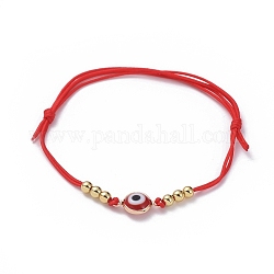 Bracelets de perles de nylon tressés réglables, bracelets ficelle rouge, avec des perles en laiton et des connecteurs en laiton émaillé, rouge, 1-3/4 pouce (46 mm) ~ 3-1/4 pouces (82 mm)
