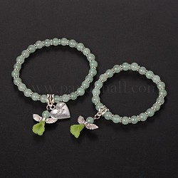 Mother daughter Jewelry, Green Aventurine Beaded Acrylic Charm Bracelets, with Tibetan Style Alloy Beads and Heart Pendants, Lovely Wedding Dress Angel Dangle, Antique Silver, 48mm & 58mm
