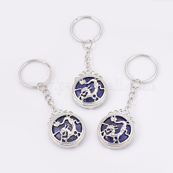 Natural Lapis Lazuli Keychain, with Iron Key Rings, Flat Round with Dragon, Platinum, 80mm, Pendant: 34.5x26x8.5mm