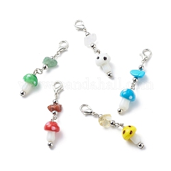 Mushroom Handmade Lampwork Pendant Decorations, with Gemstone Chips and Alloy Lobster Claw Clasps, Mixed Color, 51~53mm