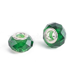 Perles européen en verre à facettes, Perles avec un grand trou   , avec de l'argent âme en laiton de tonalité, rondelle, verte, 13.5~14x8.5~9mm, Trou: 5mm