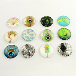 Feather Pattern Flatback Half Round Glass Dome Cabochons, for DIY Projects, Mixed Color, 16x4mm