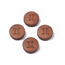 Laser Engraved Wood Beads, Flat Round with 12 Constellations, Dyed, Camel, Gemini, 12x4mm, Hole: 1.6mm