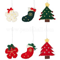 Nbeads 6 個 6 スタイルウールフェルトペンダント装飾  クリスマスパーティーの装飾用のコード付き  クリスマスストッキング/木/花  ミックスカラー  132~167mm  1個/スタイル