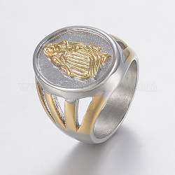 304 anillos de sello de acero inoxidable para hombre., anillos de dedo de ancho de banda, oval con virgen maría, acero color oro y acero, tamaño de 8~11, 18~21mm