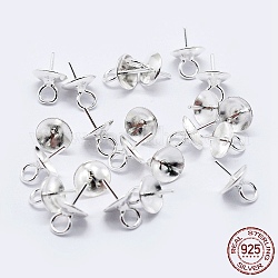 925 pendentifs tasse bélière clou en argent pur, pour la moitié de perles percées, couleur d'argent, 7x4mm, Trou: 1.5mm, pin: 0.6 mm