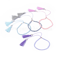 Bracelets à breloques réglables en nylon, avec des perles en verre de graine, pendentif pompon en fil de coton, accessoires en 304 acier inoxydable, couleur mixte, 2 pouce (5 cm)