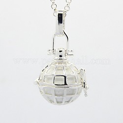 Silver Tone Grid Brass Cage Pendants, Chime Ball Pendants, with Brass Spray Painted Bell Beads, White, 25x23x19mm, Hole: 3x5mm