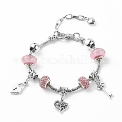 Bracelet européen en alliage coeur et squelette avec chaînes serpent, bracelet en perles de plastique et strass pour femme, perle rose, 7.87 pouce (20 cm)