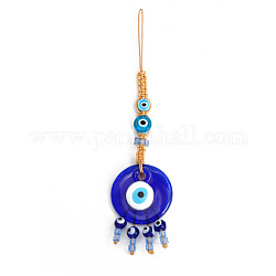 Flat Round with Evil Eye Glass Pendant Decorations, Polyester Braided Hanging Ornament, Royal Blue, 170mm