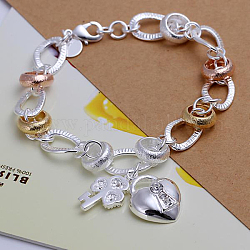 Bracelets exquis en laiton avec breloque de clés & de serrure de cœur pour les femmes, avec fermoirs mousquetons, couleur argentée, 190x10mm