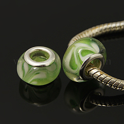 Handmade Lampwork European Beads, with Silver Plated Brass Double Cores, Rondelle, Yellow Green, 13x8mm, Hole: 5mm