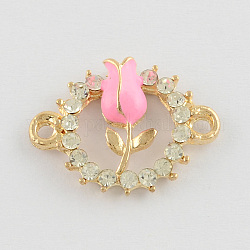 Flat Round with Rose Alloy Grade A Rhinestone Links, with Enamel, Golden, Pearl Pink, 22.5x17.5x5mm, Hole: 2mm